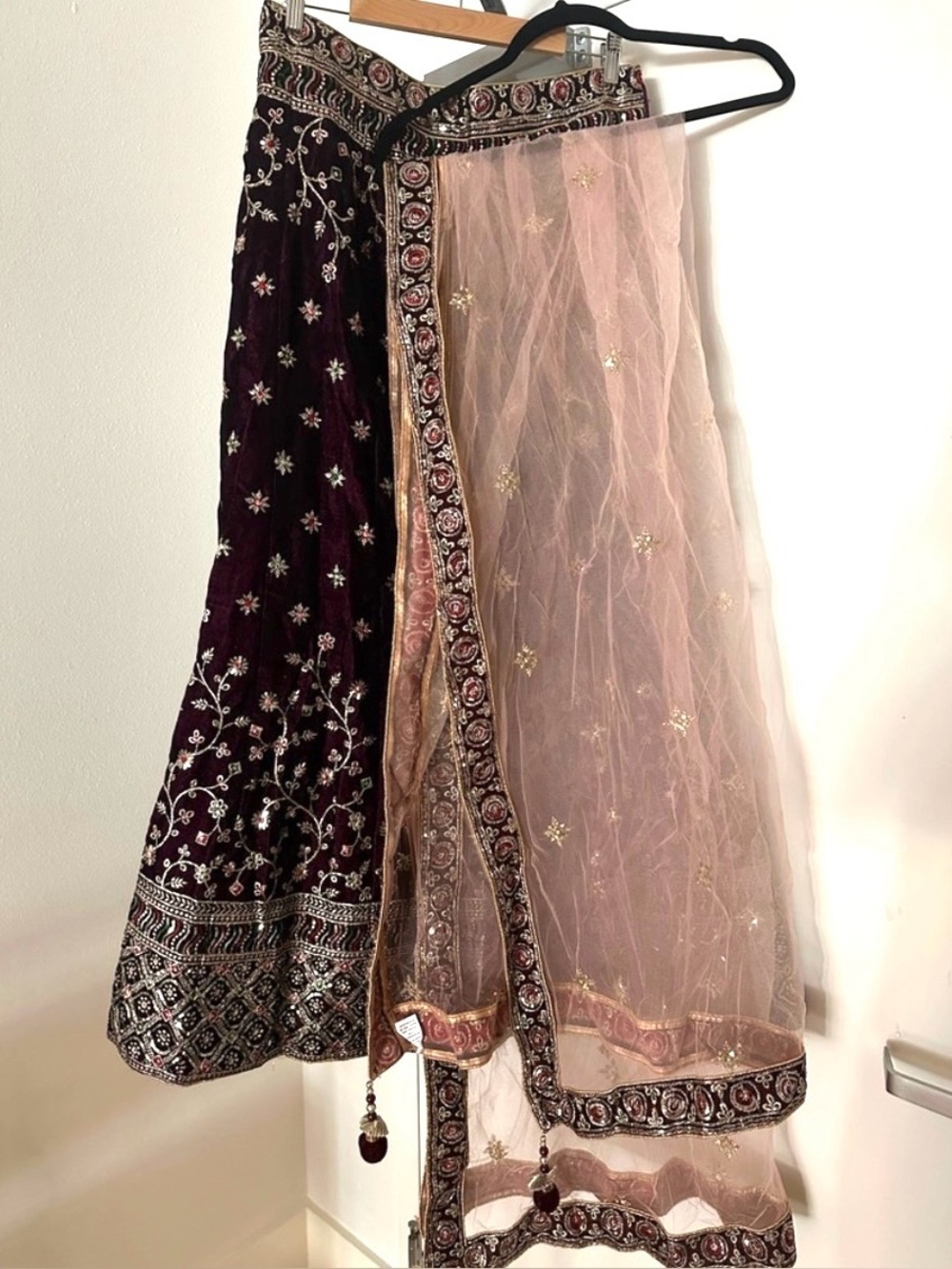 Embroidered velvet Plum Lehenga Set with Blush Dupatta